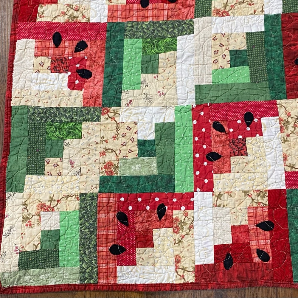 Watermelon Picnic Log Cabin Handmade Quilt - Picture 3 of 13